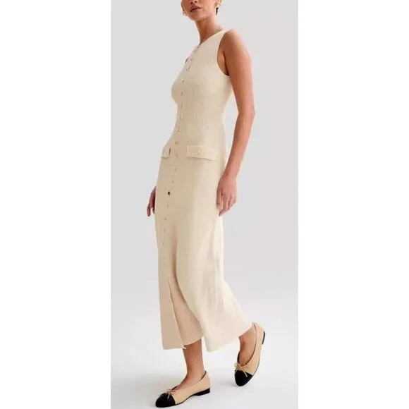 Women's Knit Maxi Dress Sleeveless Slim Fit Crew Neck Slit Bodycon Plus Size - Picture 3 of 6